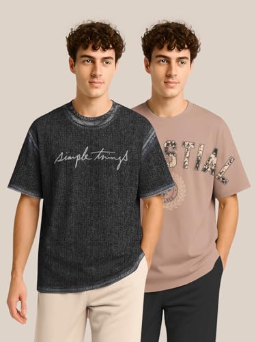 Image of BULLMER Trendy Half Sleeve Oversized Cotton Blend Crew Neck Tshirt for Men - Pack of 2
