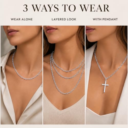 Pekttal 925 Sterling Silver Chain Necklace for Women, 3.0mm Thin Sturdy Paperclip Chain, Layering Necklace Tarnish Resistant Dainty Jewelry Gift 24 Inch — view 2