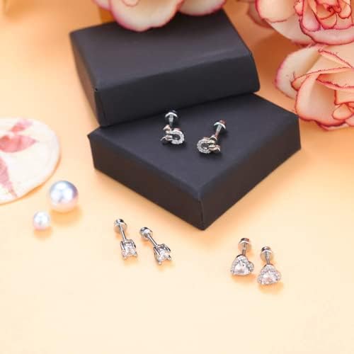 Chriscoco 3 Pairs Screwback Earrings for Girls Women Stainless Steel Heart CZ Stud Children Toddler Earrings Kids Jewellery Set