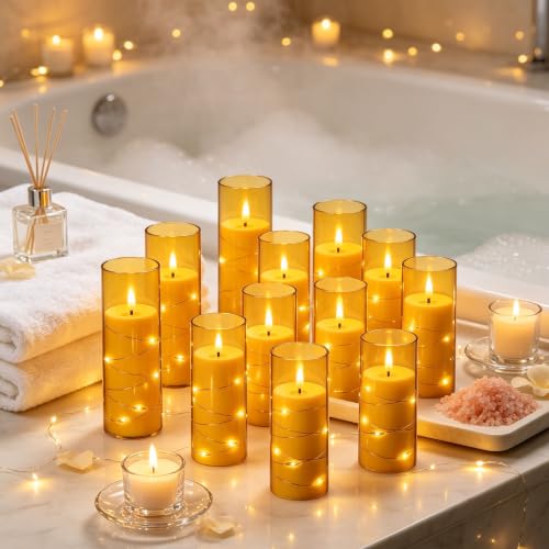 Image of Da by 12 Pack Champagne Flameless Taper Candles, Flickering Black Wick LED Candles with Copper Wire Lights, Heat Resistant ABS with 2 Remotes, Assorted Sizes for Indoor Outdoor Decor