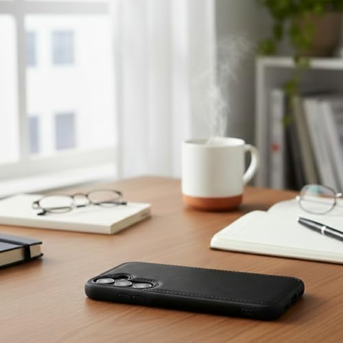 Image of Leather Case for Samsung Galaxy S25 Premium Protective Stylish Slim Cover with Shockproof Raised Edges Black