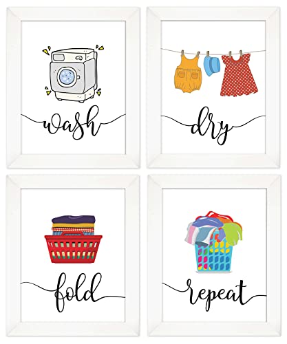 Signes à linge de 4 pièces pour la buanderie avec cadre blanc déco murale 12x14