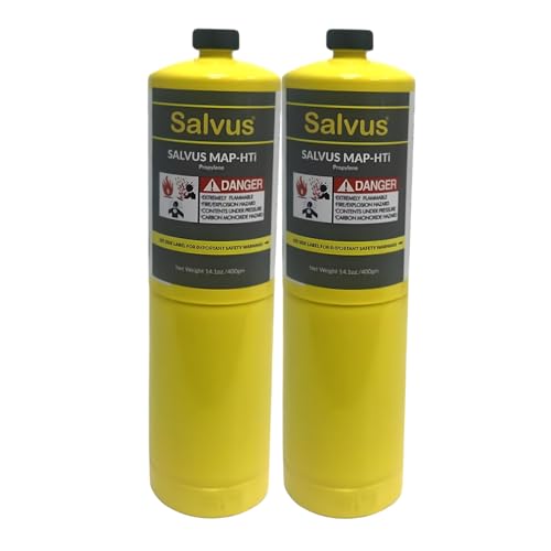 2pcs Salvus MAP-HTi Propylene Gas Cylinder 400g MAP Pro Gas Blowtorch Fuel >99.5% Ultra-Pure CGA600 Compatible Hotter Than Propane Gas Bottle LPG/Map Gas Cylinder for Brazing Welding & Soldering