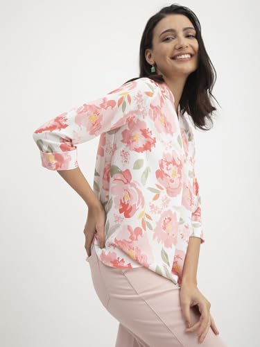 Image of FableStreet Women Shirt Work & Casual | Relaxed Fit Mandarin V-Neck Three-Quarter Sleeves Solid Pattern | Breathable Woven Fabric for Office & Everyday Wear