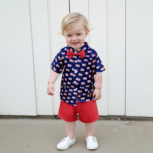Karuedoo Toddler Baby Boy 4th of July Outfit American Flag Button Down Short Sleeve Shirt and Shorts Set Patriotic Clothes2