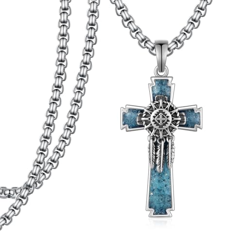 Dream Catcher Cross with Feather for Turquoise Cross Necklace Tribal Necklaces 925 Sterling Silver Western Indian Pendant Dreamcatcher Southwestern Native American Jewelry Gifts for Men