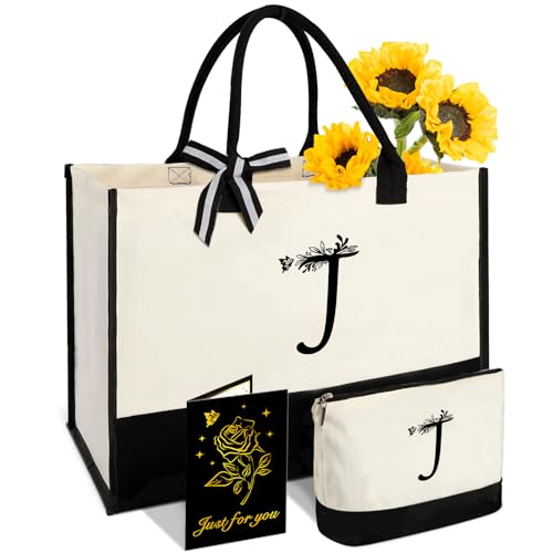 Vanqruo Personalisierte Geschenke für Frauen - Anfangs Leinwand Tote Tasche & Make-up Tasche, benutzerdefinierte Taschen für Strand, Weihnachten, Urlaub, Monogramm Geburtstagsgeschenke für Frauen - J