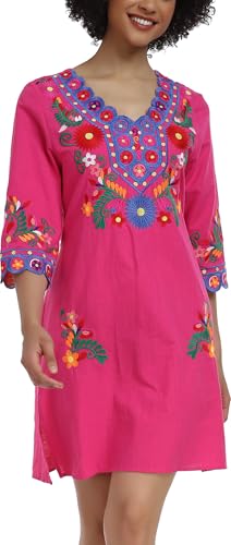 Image of YZXDORWJ Women Embroidered Mexican V Neck Floral Dress Long Sleeve Floral Traditional Bohemian Dress