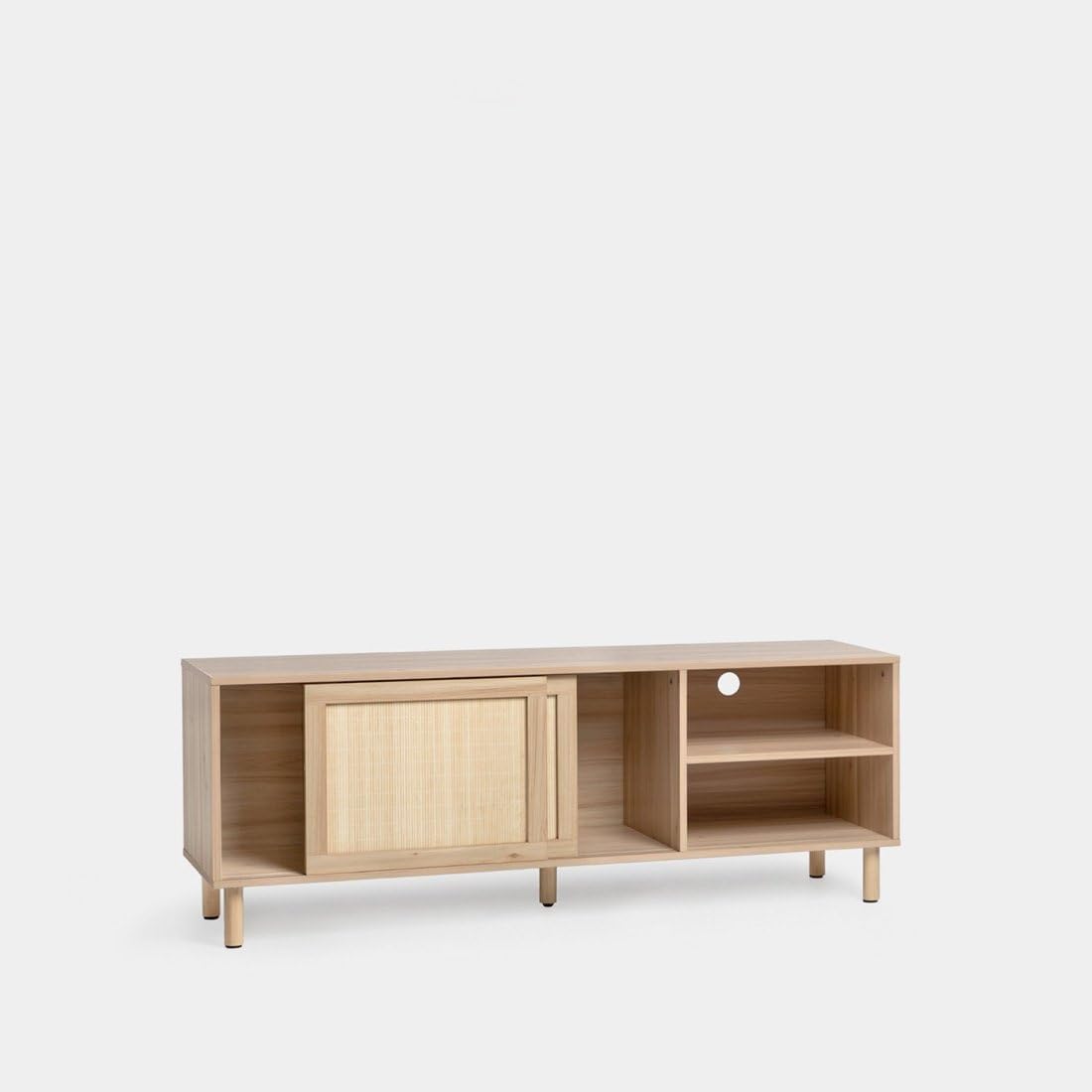 Mueble TV Timor, acabado madera y bambú natural, estilo original y cálido, 2 puertas correderas, 2 estanterías, pasacables, dimensiones 140 x 54 Cm.