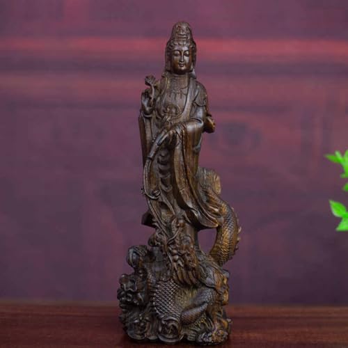 木彫りの仏像 観音様 龍神 龍乗観音 龍上観音 龍観音 開運 繁盛 仏間 仏壇 厄除け (高さ18cm)