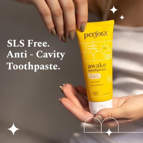 Image of Perfora Morning & Night Routine Care Pack: Awake & Unwind Toothpaste For Active Freshness, Alcohol Free Lemon Mint Mouthwash, 100% Pure Copper Tongue Cleaner & Pack of 2 Toothbrushes (Laveder & OG Black)