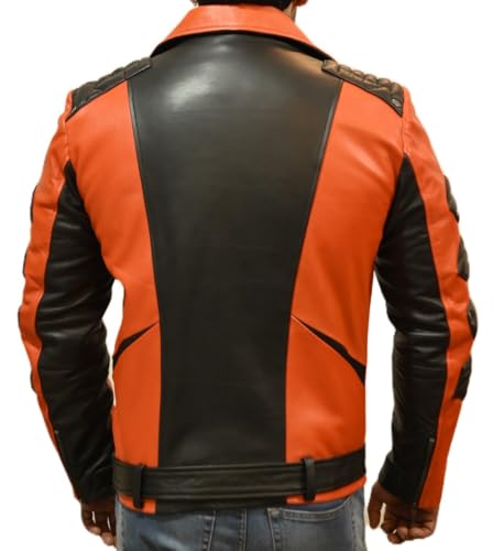 Men's Classic Black and Orange Genuine Leather Biker Motorcycle Rider Jacket4