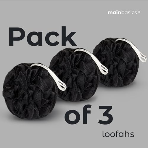 Image of MainBasics Shower Loofah Sponge Pouf, Set of 3, Triple Black | Soft Mesh Body Scrubber and Bath Sponge for Gentle Exfoliation, Rich Lather, and Everyday Shower Use