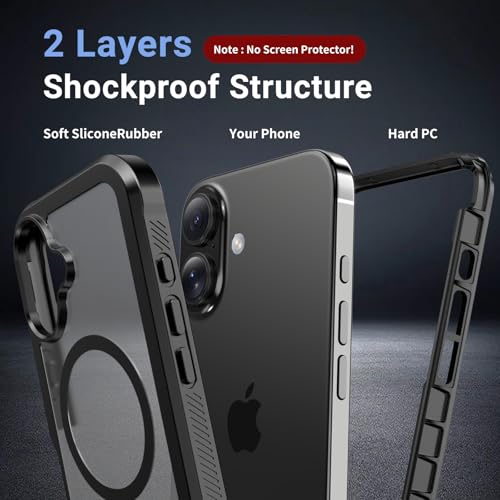 Image of jaroco Magnetic for iPhone 16 Case Heavy Duty Protection Black | Compatible with MagSafe,Military Grade Drop Protection,Translucent Matte,Non-Slip,Shockproof 2-Layer Durable Bumper Case