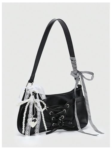 Image of Verdusa Women's Y2K Purse Coquette Bow Tie Vintage Shoulder Bags Lace PU Leather Kawaii Handbag