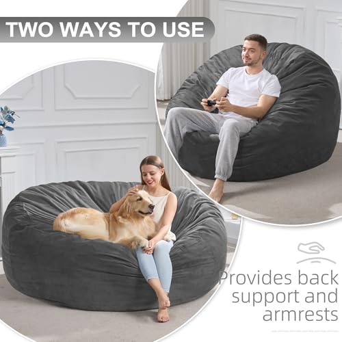 Image of Hobestluk Adults Bean Bag Chair 5FT Big BeanBag Chair Giant Large Oversized | Memory Foam,Washable Cover,Side Pocket,Handle,Lightweight Round Dorm Chair Large Adult Bean Bag Study Room Gaming | Grey 5FT