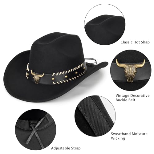 Image of Women-Classic-Western-Cowboy-Shapeable-Hat - Men-Roll-Up-Wide-Brim-Felt-Fedora-Hats-Cowgirl-Hat with Belt Buckle(M-L)