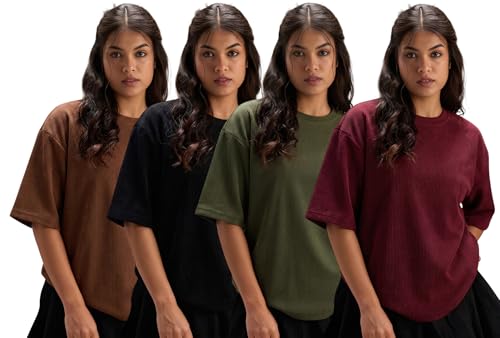 Image of RodZen Women Half Sleeve Polycotton Rib Textured Oversized Tshirt|Drop Shoulder|Loose Fit Tshirt|Stretchable