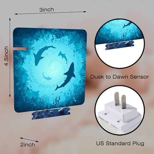 Image of Blue Sharks and Corals Underwater World Fish Marine Lifes Dusk to Dawn Night Light Plug in, 0.5w Energy Saving Sleep Friendly NightLight for Kids Boys Girls Home Decor