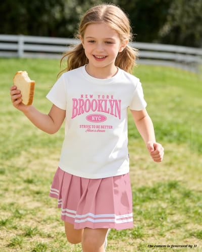 Image of Betusline Girls Skirt Set JK School Uniform 2-Piece Outfit - Short Sleeve & Webbing Solid Skirt,Letter Print,Pink,6-7Years= Tag 130