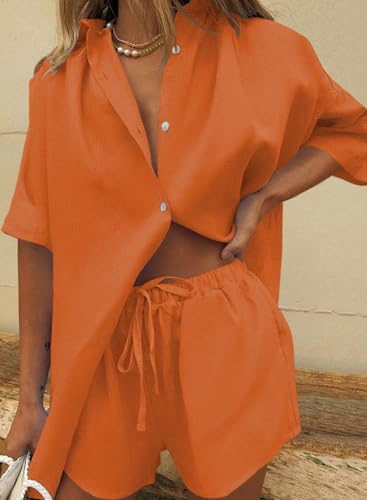 Image of Fixmatti Women 2 Piece Outfits Long Sleeve Button Down Blouse and Shorts Sweatsuit Sets