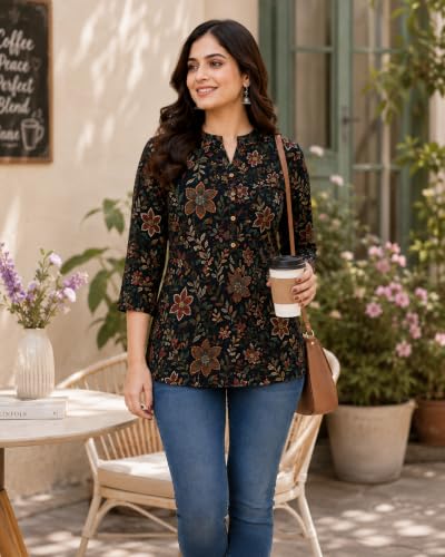 Image of Women's Floral Printed Cotton Kurti Summer Cotton Tunic Top for Girls