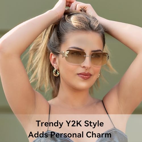 Dollger Rectangle Y2k Sunglasses for Women Fashion Rimless 2000s Square Brown Sun Glasses Butterfly 90s Cool Shades2