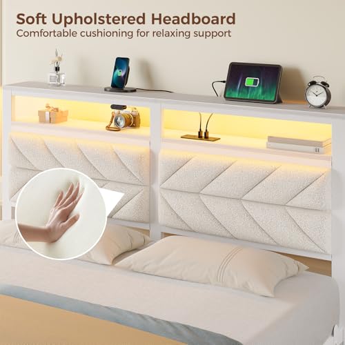 Image of Seventable Bed Frame Twin Size with Charging Station, LED Bed with Upholstered Storage Headboard, Metal Platform Bed with Under Bed Storage, No Box Spring Needed, Noise Free, Easy Assembly, White