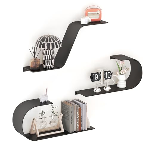Black Floating Shelves Set of 3, Black Metal Decor, Unique Mounte...