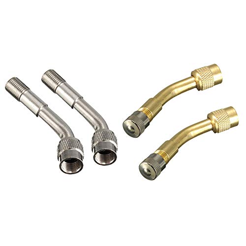 Sxmrmnx 4 adaptadores de extensión de válvula de neumático de ángulo de 135 grados, vástago largo, 2 piezas doradas y 2 piezas plateadas