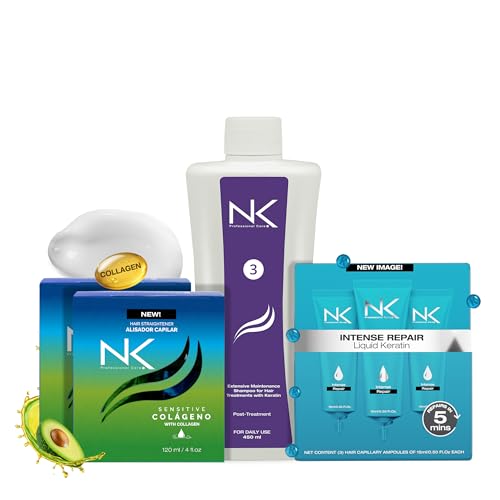 NK Complete Keratin Home Care Set – Sensitive Keratin Kit with Collagen & Avocado (Steps 1 & 2) + Post-Treatment Shampoo (Step 3) + Intense Repair Ampoules | Formaldehyde-Free, Vegan (8oz)