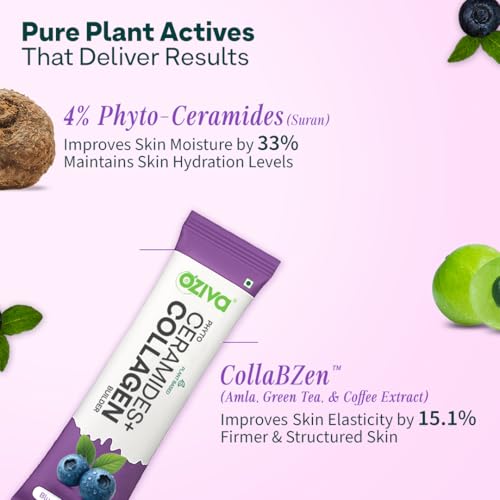 OZiva Phyto Ceramides+ Collagen Builder | For Mositure Retention, Barrier Repair & Hydration Boost | With Suran Extracts, CollabZen & SesZen-Bio | Blueberry Flavour | 30 Sachets