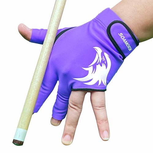 soamotoi Pool Glove Left Hand 3 Finger for Right-Handed Player Breathable Billiards Glove Quick Dry Durable Pool Cue Gloves Professional Snooker Cue Gloves for Billiards Accessories (Purple L)