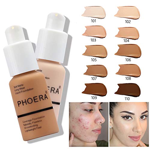 Phoera Foundation Makeup Naturally Liquid Foundation Full Coverage Mattle Oil-Control Concealer 8 Colors Optional,Great Choice For Gift (#102 Nude,30Ml) #TOP1