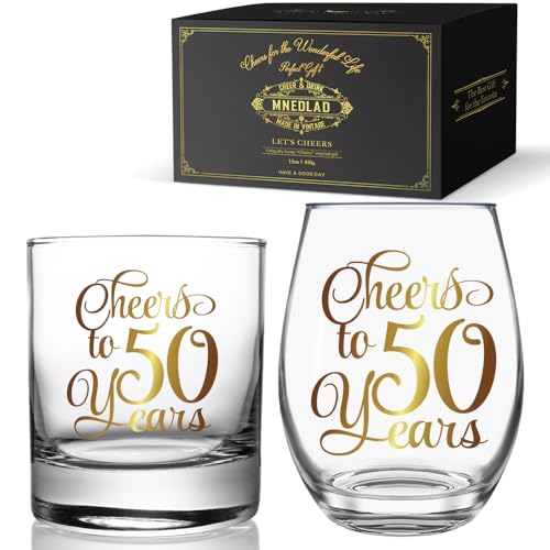 Cheers to 50 Years Wine & Whiskey Glass Gift Set, Gold Foil Design 50th Birthday Anniversary Wedding Valentine's Day Stemless Wine Glass Gifts for Grandparents Couple Men Women Wife Husband Parents128