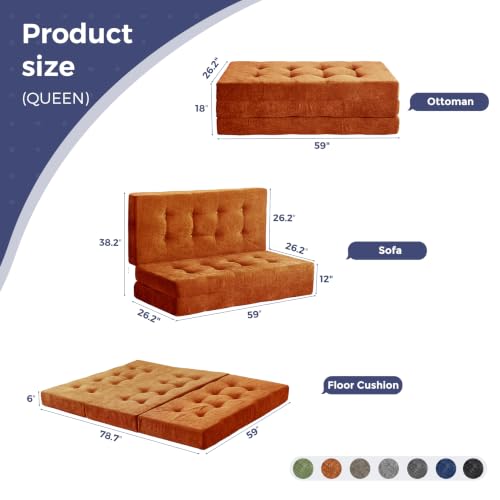Image of MAXYOYO 6 inch Folding Sofa Bed for Floor, Tufted Tri-Fold Floor Mattress | Queen Size Portable Sofa Couch Guest Mat with Chenille Fabric for Adults, Foldable Topper for Camping, Orange, Queen