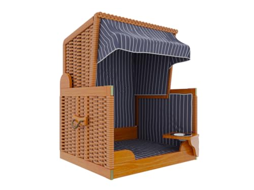 Outgarden Hundestrandkorb Kieferholz|Hundehütte inkl. Schützhülle|Schwenkbarer Wasser-/Futternapf|Sonnenschutz für Hunde & Katzen|Braun mit Dunkelblau-weißen Streifen- Perfekt für kleine Hunde