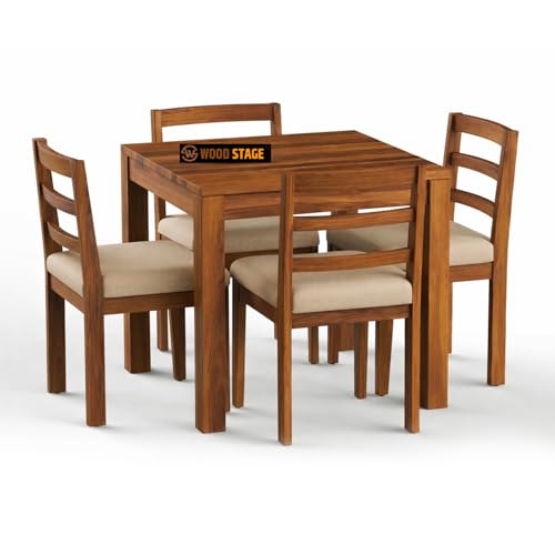 Image of WOODSTAGE Solid Sheesham Wood 4 Seater Dining Table with Cushion Chairs for Dining Room, Living Room, Hall, Home | Wooden Furniture Dinner Table Set (Honey Finish, 4 Seater)