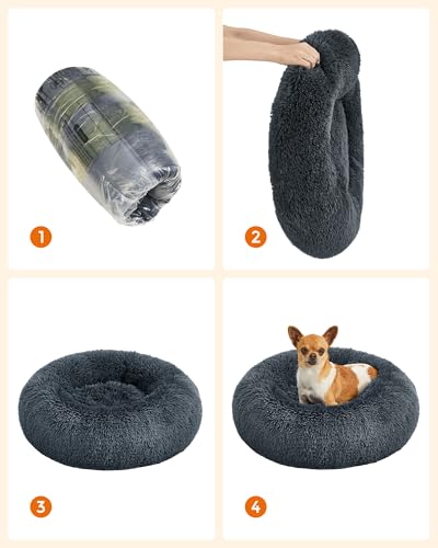Feandrea Hundebett flauschig, Katzenbett, Donut Kissen, waschbar, Polsterung in der Mitte herausnehmbar, Langer Plüsch, 60 cm Durchmesser, dunkelgrau PGW038G02