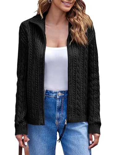 Saodimallsu Womens Cable Knit Cardigan Zip Up Collared Long Sleeve Vintage Sweater Loose Open Front Coats3