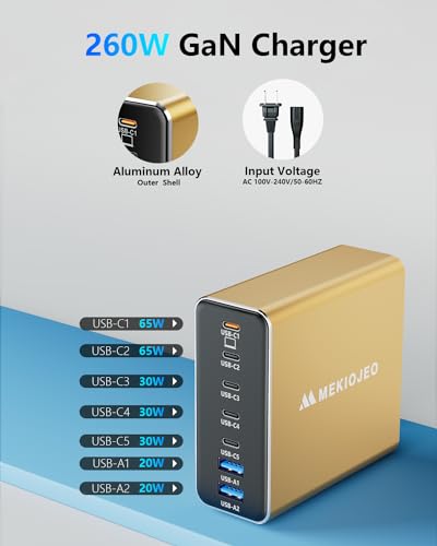 Image of MEKIOJEO Aluminum Alloy 260W USB C Charger GaN Fast USB C Charging Station | 7 Ports 65W Laptop Charger for MacBook Pro /Air /iPad Pro /iPhone