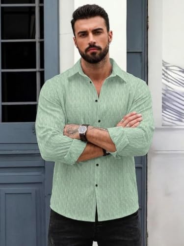 Image of DEELMO Men's Regular Fit Button Down Dress Shirts Textured Long Sleeve Casual Hawaiian Shirt