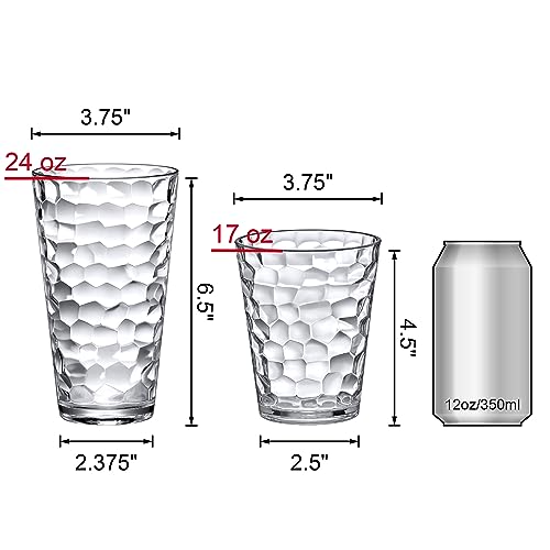 Amazing Abby Iceberg 16-Ounce and 24-Ounce Tumblers (Set of 12), Clear Drinking Glasses, Reusable Plastic Cups, Stackable, BPA-Free, Shatter-Proof, Dishwasher-Safe