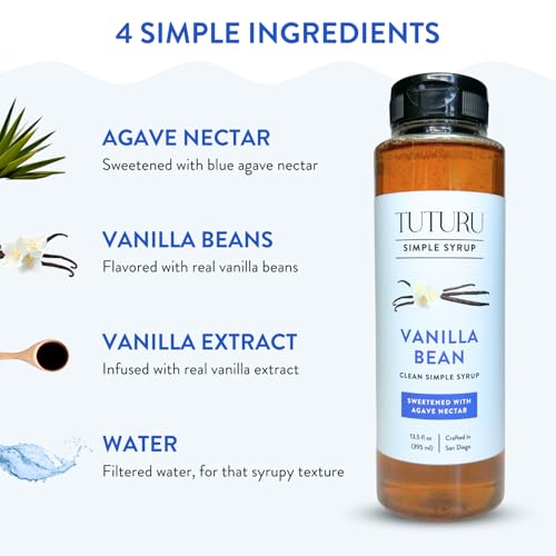 Vanilla Bean Agave Simple Syrup for Coffee & Cocktails - Sweetened with Organic Agave Nectar - Infused with Real Vanilla Bean - 13.5 oz