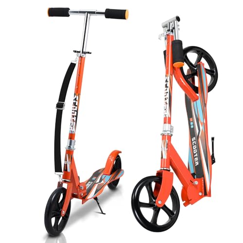 Peviasot Patinete para niños, plegable, con ruedas grandes, 2 ruedas, 3 ruedas ajustables, freno trasero para niños, con capacidad de carga de 100 kg, color naranja