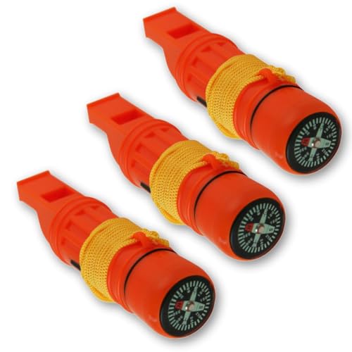 Emergency Zone 5 in 1 Survival Whistle. Compass, Whistle, Water-Resistant Container, Signal Mirror, Ferro Rod. Available in 1, 3, 30, and 300 Pack.
