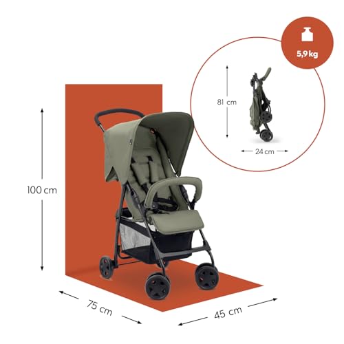 hauck Buggy Sport, Olive - Federleichter Reisebuggy 5,9 kg - mit Liegefunktion für Kinder ab Geburt bis 15 kg - Klein Zusammenklappbar, Großer Einkaufskorb bis 3 kg