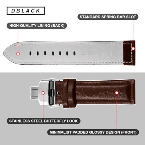 Image of DBLACK ''BUZZ'' Premium Leather Watch Strap with Butterfly Lock, Minimalist Glossy Finish Watch Belt / / For 20mm, 22mm, or 24mm Watch Band (Choose Your Size & Color)