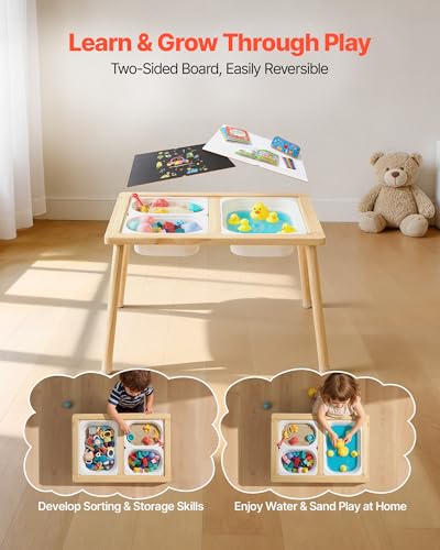 Image of VEVOR Sensory Table for Toddlers, Wooden Kids Activity Table with Reversible Double-Sided Board, Storage Bins, and Non-Slip Feet, for Boys and Girls Playing Sand and Water, Drawing, Studying, Dining