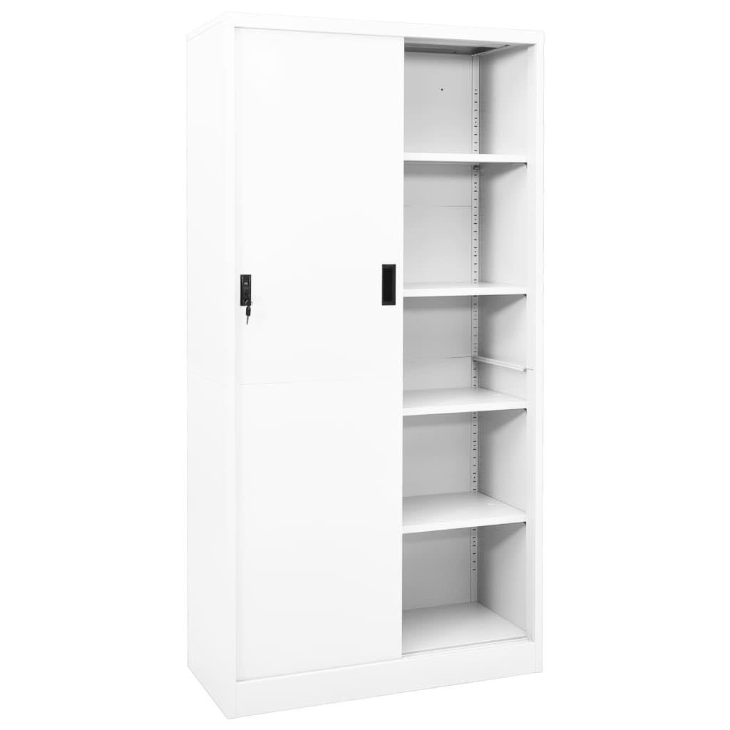Armadio da ufficio con ante scorrevole, in acciaio bianco, 90 x 40 x 180 cm, con serratura, 4 ripiani regolabili per cartelle, robusto armadio in metallo